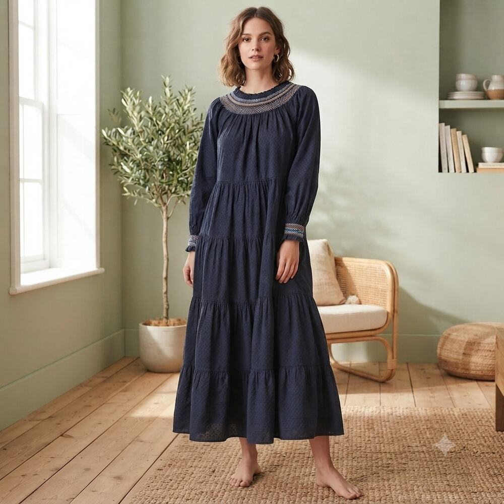 Universal Thread Women XS Balloon Long Sleeve Tiered Dress Pockets Smocked